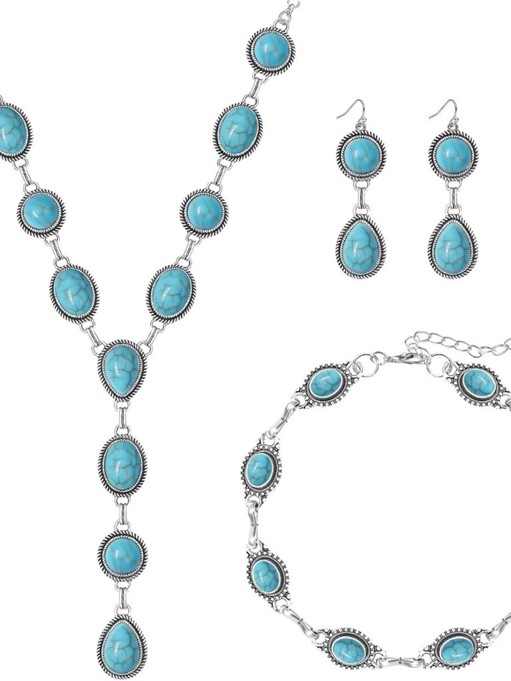 4 Pieces Silver Bohemian Jewelry Set for Women Fashion Costume Jewels Turquoise